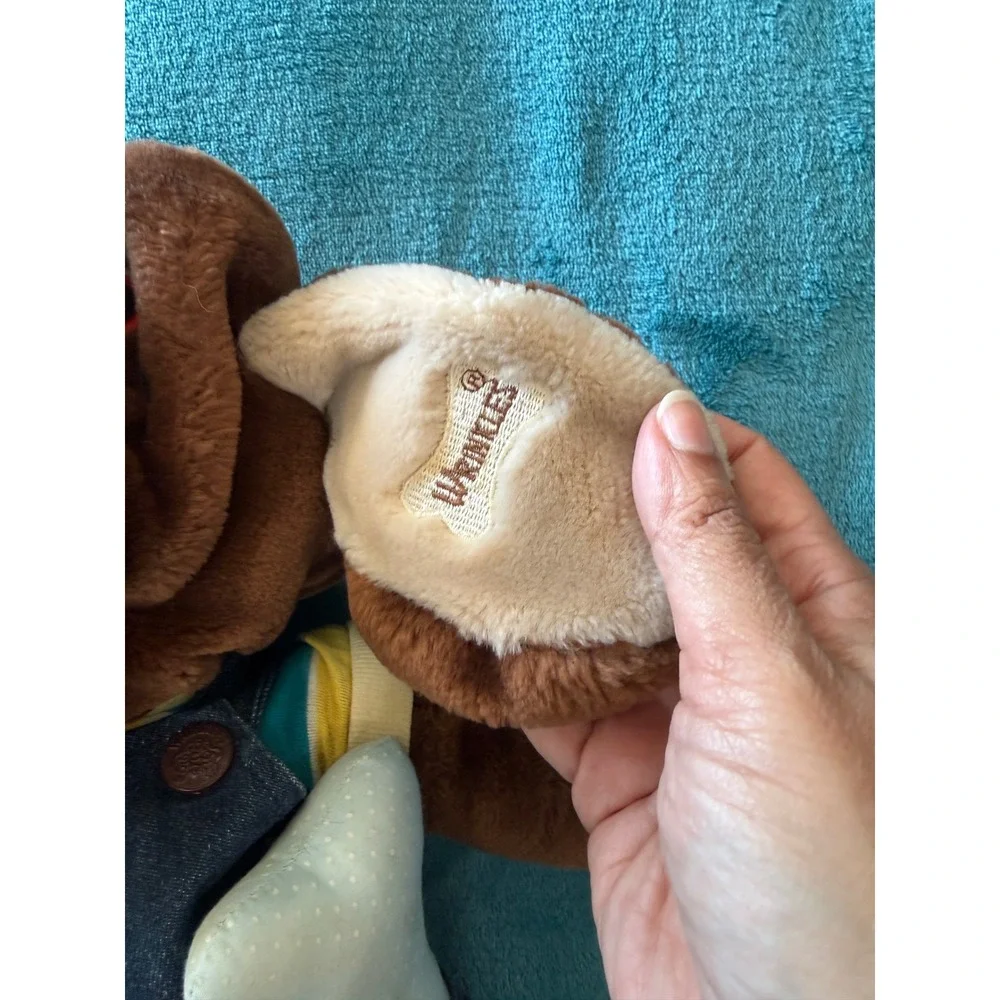 Vintage Ganz Wrinkles Dog Plush Hand Puppet Brown Denim Overalls 18 inch 5088649